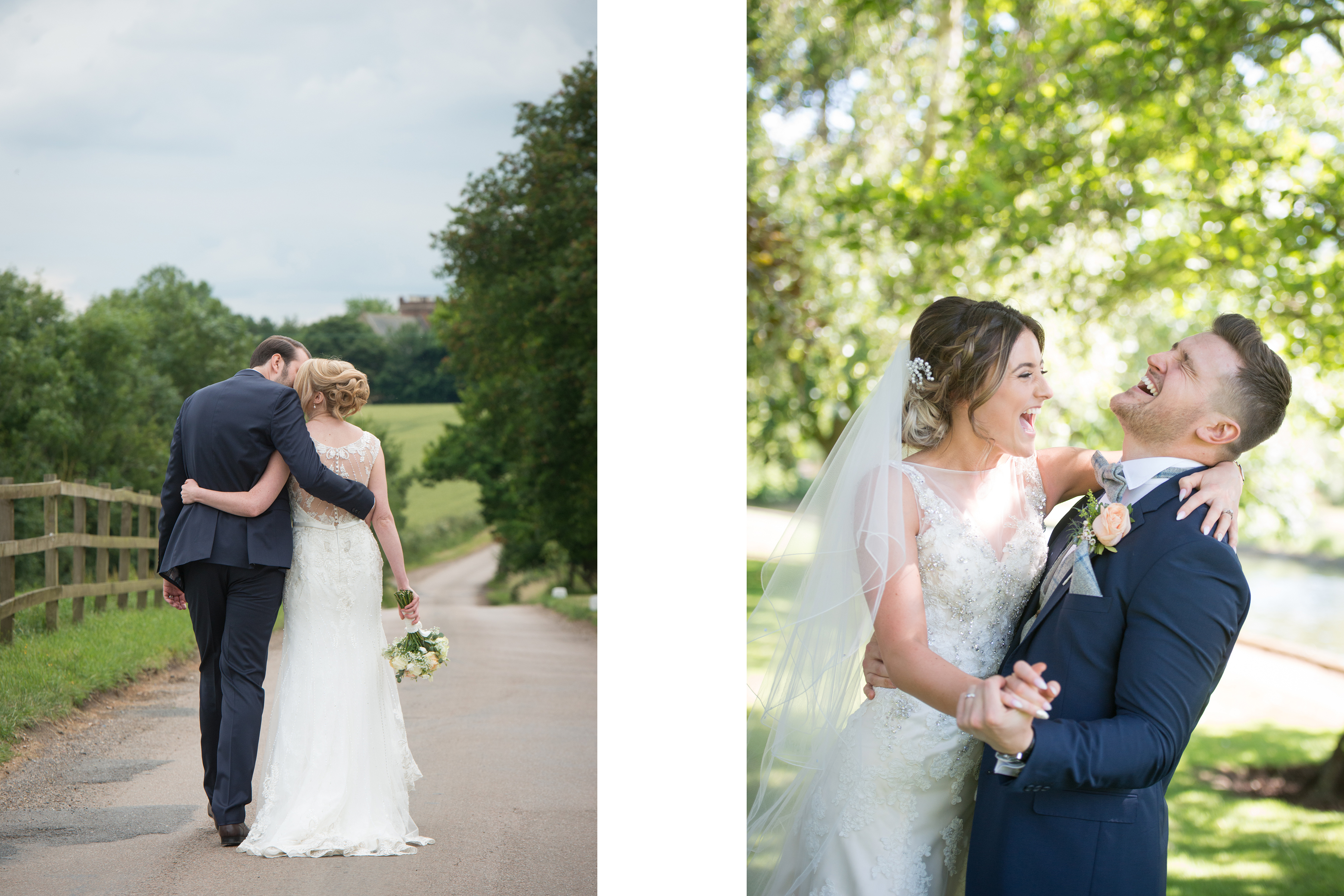 bride and groom walk and laugh